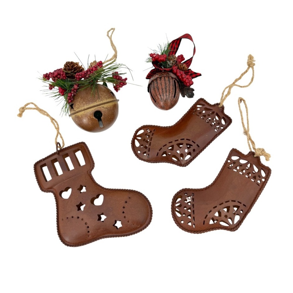 Metal Christmas Ornaments Rustic Winter Holiday Decor‎ Set of 5 Stockings Bells